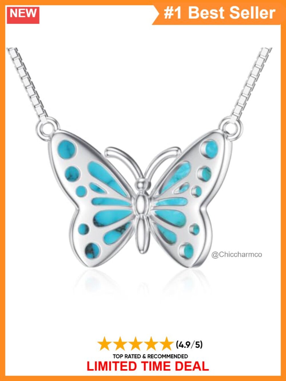 Butterfly Necklace 925 Sterling Silver Turquoise Abalone Shell Pendant